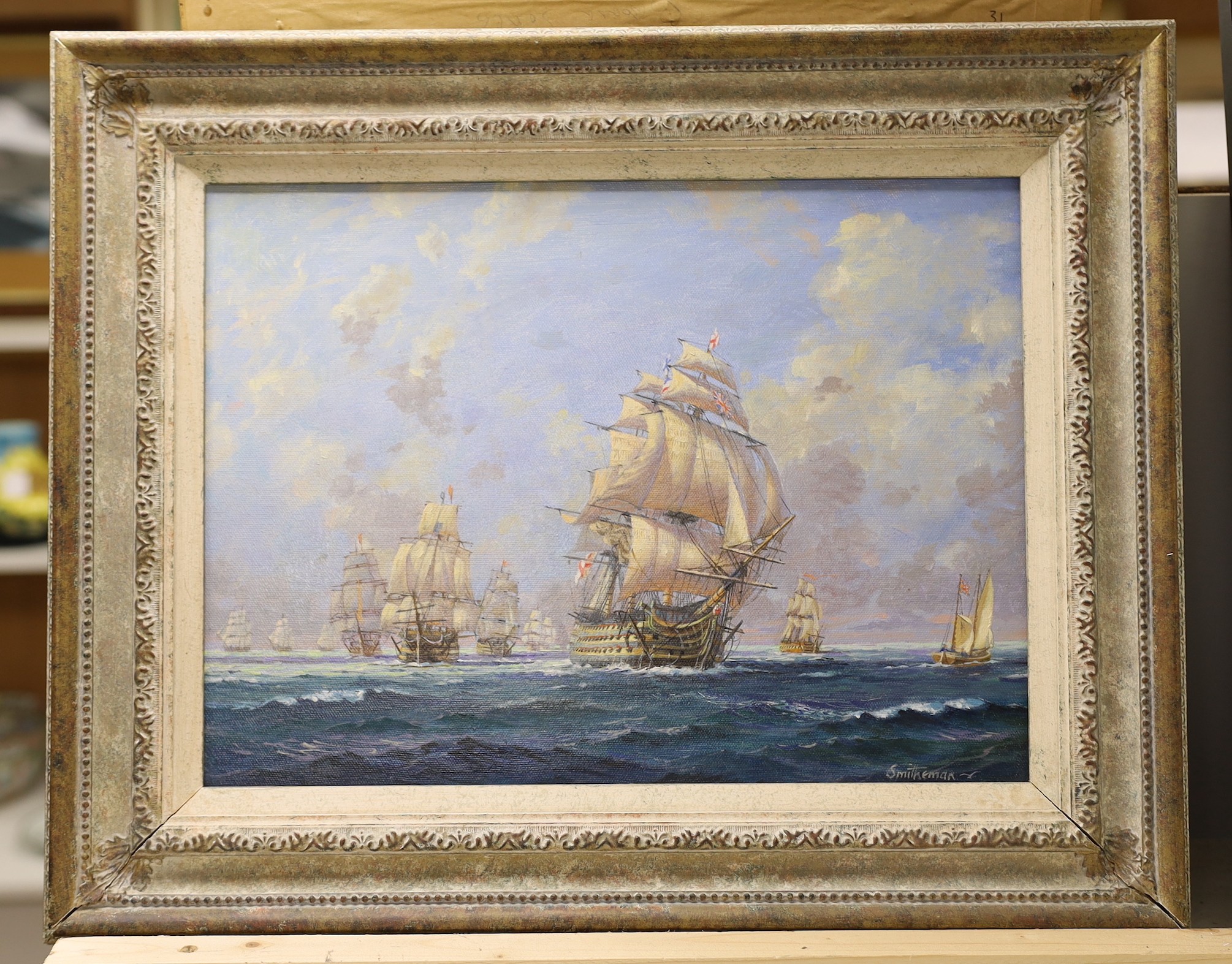 Stanley Francis Smitheman (1927-2016), oil on canvas, Study for HMS Victory with carrier boat, HMS Pickle, at Trafalgar, signed, 29 x 39cm